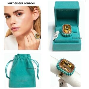 NWT KURT GEIGER LONDON Eagle Head Gold Tone CZ Crystal W/ Turquoise Beads Ring